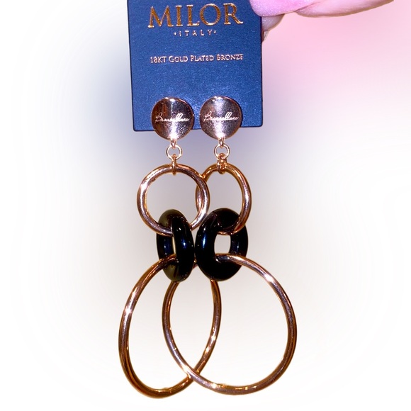 🆕 18kt Rose Gold Earrings Bronzallure & Onyx 3” Dangly Circle Hoop, MILOR ITALY - Picture 6 of 13